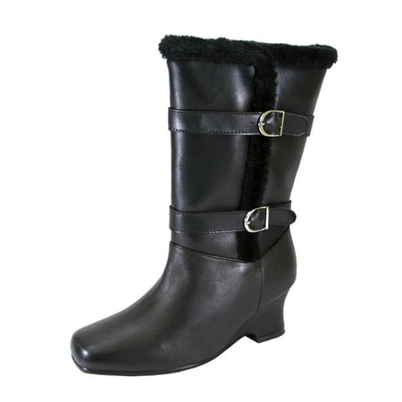 

PEERAGE Rihanna Women Extra Wide Width Fleece Lined Leather Boots with Side Zipper/Decorative Buckles BLACK 8.5
