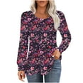 thumbnail image 5 of Womens Tops Casual Loose Fitting Pleated Round Neck Trendy Floral Print Long Sleeve Round Neck T-Shirt Tunic Tops,Blue 3,XL, 5 of 5