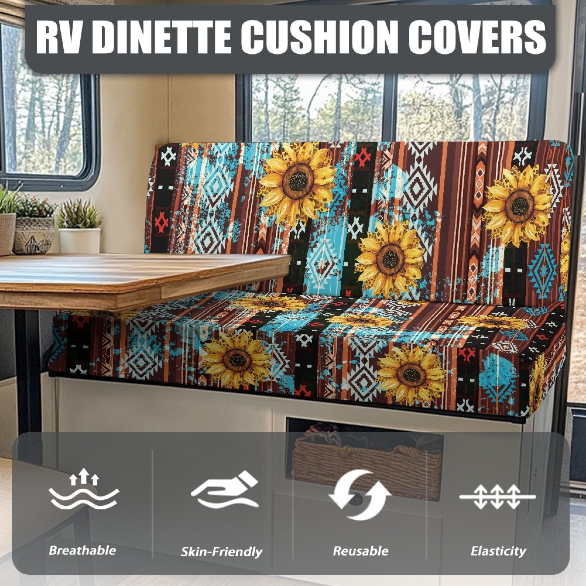 Yuyamidu Aztec RV Dinette Cushion Covers 2 Pack Sunflower RV Dinette Cushion Slipcover Elastic RV Dinette Seat Covers Breathable Camper Couch Covers Protector