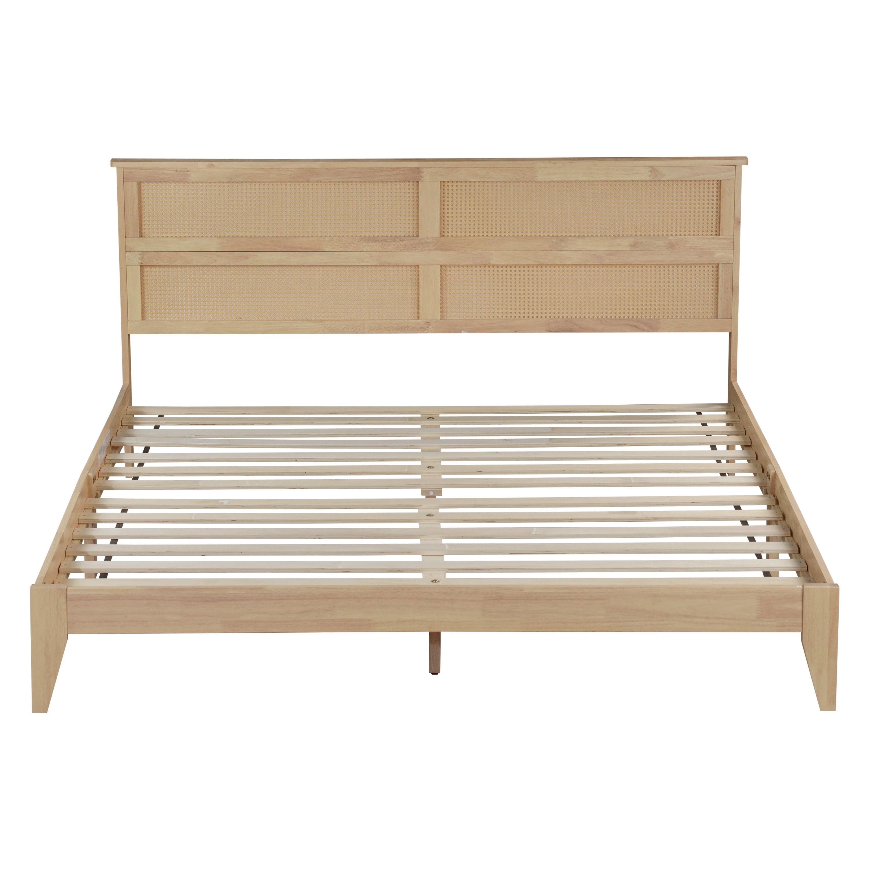 King Size Solid Wood Bed with Rattan Headboard, Rubber Wood Bed Frame with Central Support Beams and 8 Inch Underbed Storage for Bedroom, Natural, 84.5x79.2x40.8 Inch