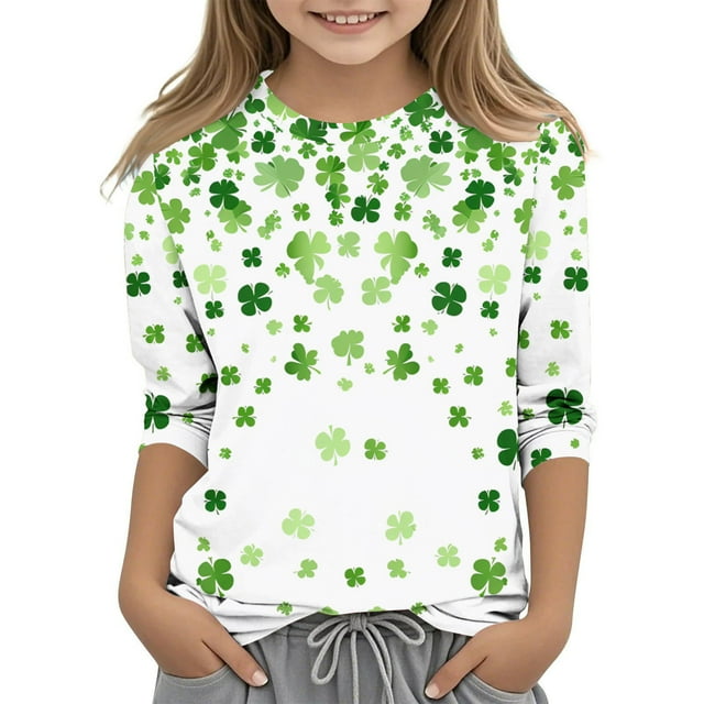Posijego T-Shirt de la Saint-Patrick pour Filles et Garçons, Manches 3/4, Col Rond, Graphique, Ample, Décontracté