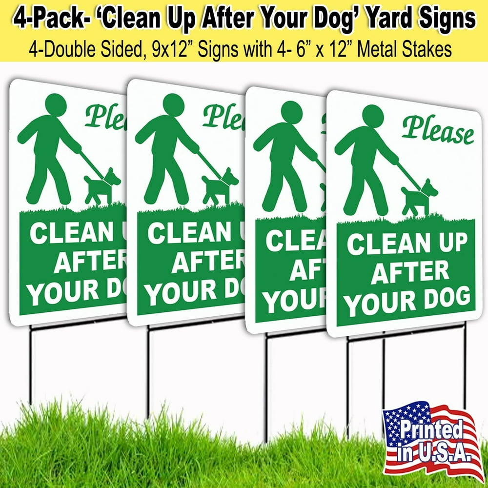 4 Pack 9x12 Clean Up After Your Dog Lawn Signs with Hstakes (4