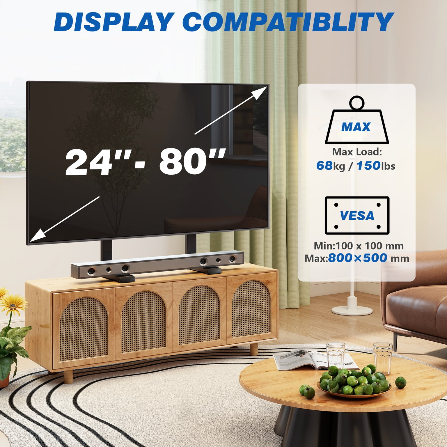 TAVR Furniture Table Top Universal TV Stand for 24-80 inch LCD LED TVs, Height Adjustable Mount Stand up to 150lbs