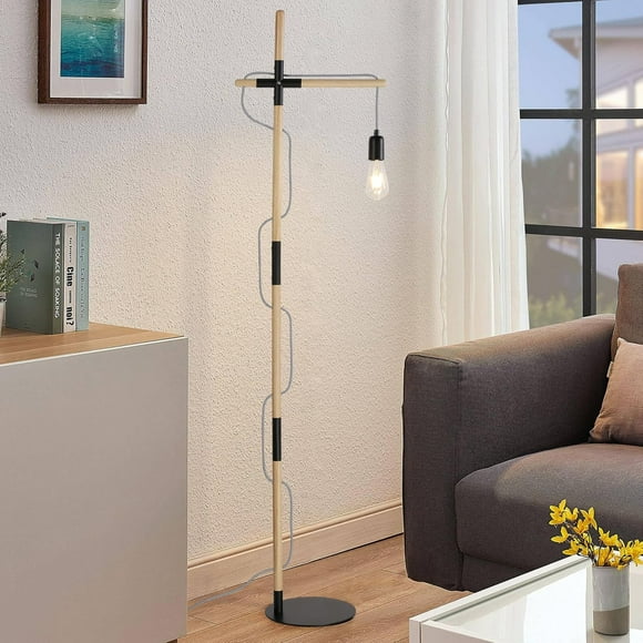 ERDS-Vintage Wood Floor Lamp for Living Room, Black Wire Lampshade Standing Tall Table Lamp with Foot Switch, Industrial Tall Floor Light Decoration for Restaurant, Bedroom, Farmhouse, E26 Base