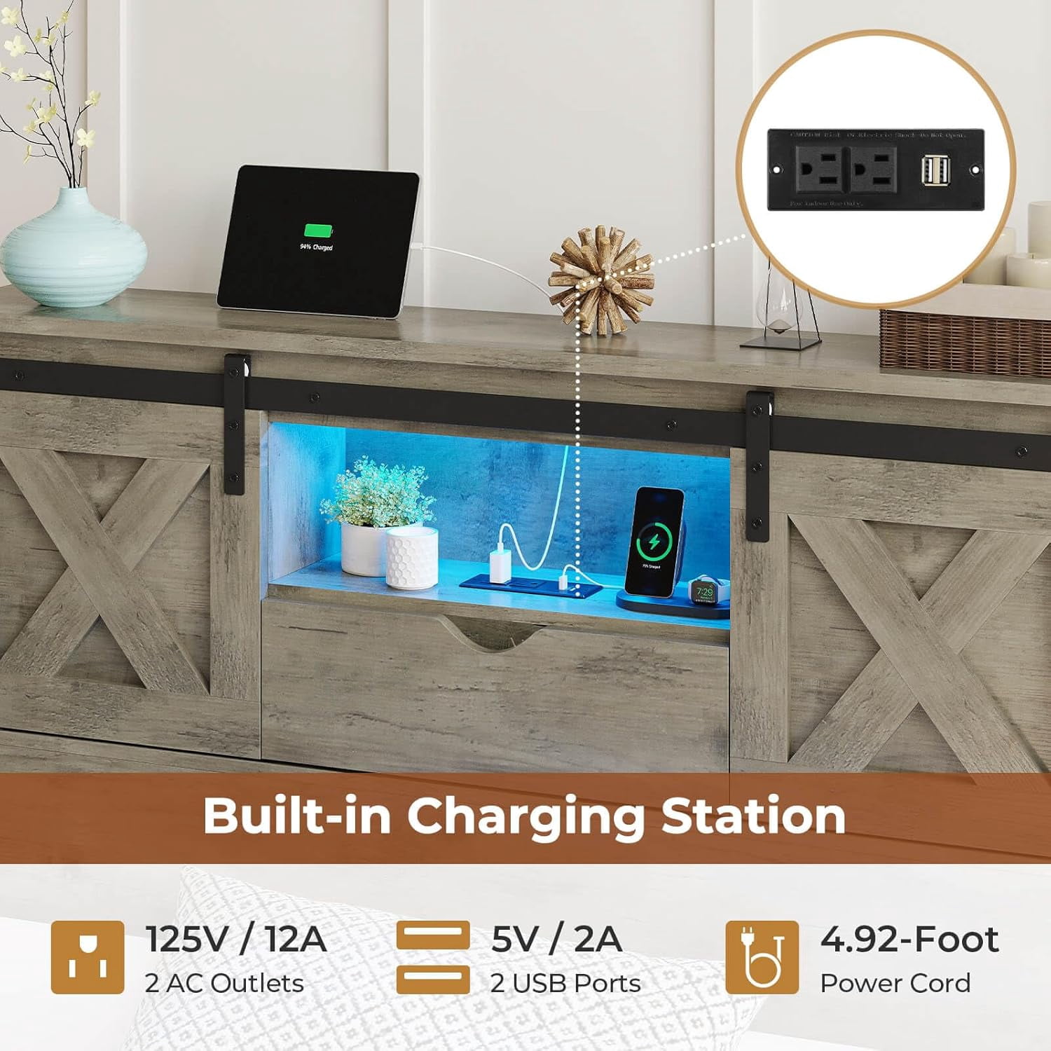 Twin Size Bed Frame with Headboard and Drawers, Farmhouse Twin Platform Bed Frame with LED Lights and Charging Station, No Box Spring Needed, Gray