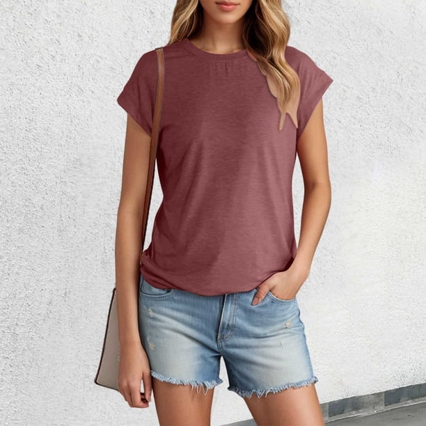 MKLEKYY Camisetas Mujer Camiseta De Verano De Manga Corta Para Mujer, Color Liso, Con Mangas Cubiertas Talla XXL