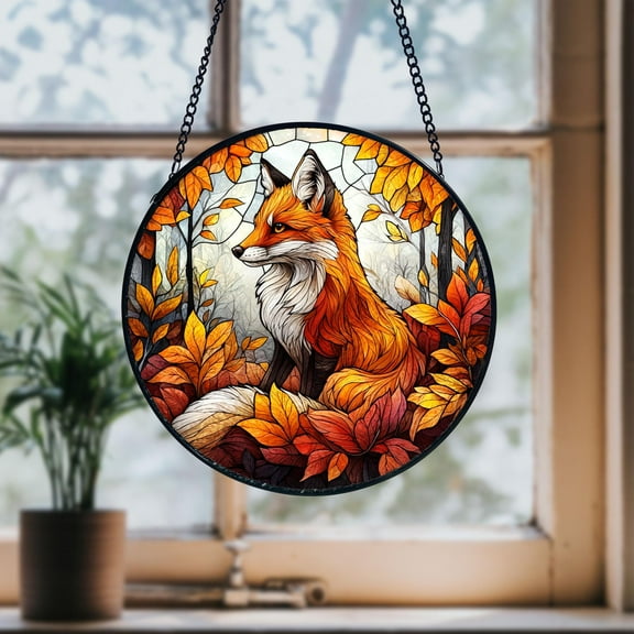 Fox Wildlife Stained Glass Suncatcher, Nature Animal Window Hanging, Garden Lover Gift, Rustic Home Ornament