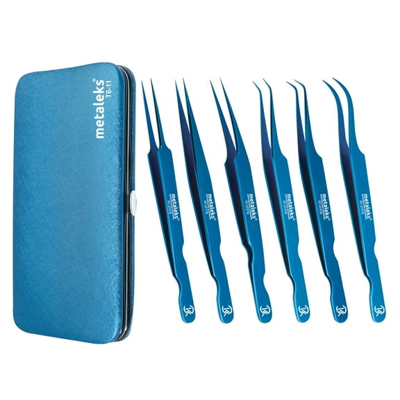 6PCS Complete Blue Titanium Coated Eyelash Extension Tweezers Set With Blue Metallic Magnetic Pouch