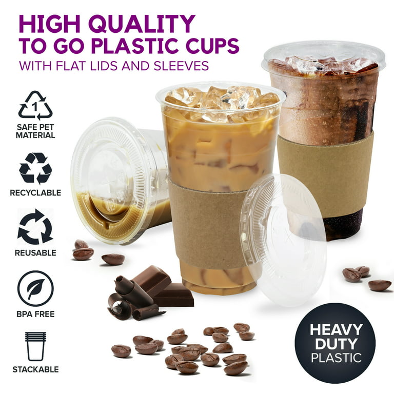 Clear Plastic Cups with Flat Slotted Lids for Iced Cold Drinks 24oz, Disposable, Extra Large Size [100 Pack]