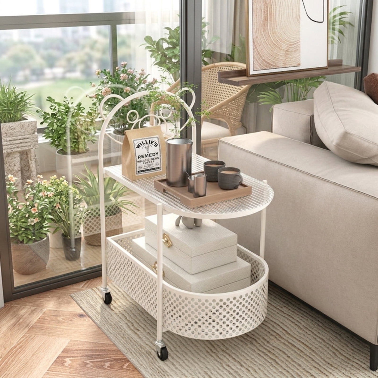Furnibear 2 Tier Mobile Glass Coffee Table with Rolling Casters and Bear Pattern Storage Basket for the Small Living Room, White