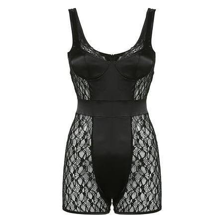 

Women Jumpsuits Casual Satin Lace All Black Mesh Lace Bodysuit Overalls Black S