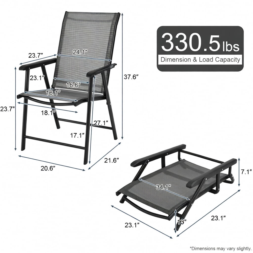 Hommoo 4-Pack Foldable Outdoor Patio Chairs, Steel Frame & Textilene Seat, Lightweight Camping Chairs for Backyard, Deck, Picnic, and Tailgating, Gray