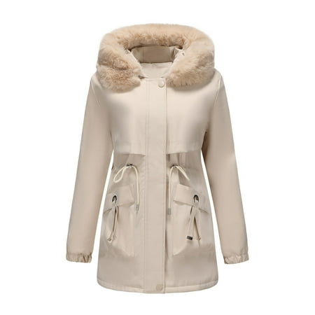 Roncen Women s Casual Mid-Length Thickened Hooded Coat - Solid Color Winter Zip-Up Puffer Jacket with Zippered Pockets - Warm Long Sleeve Outerwear for Cold Weather