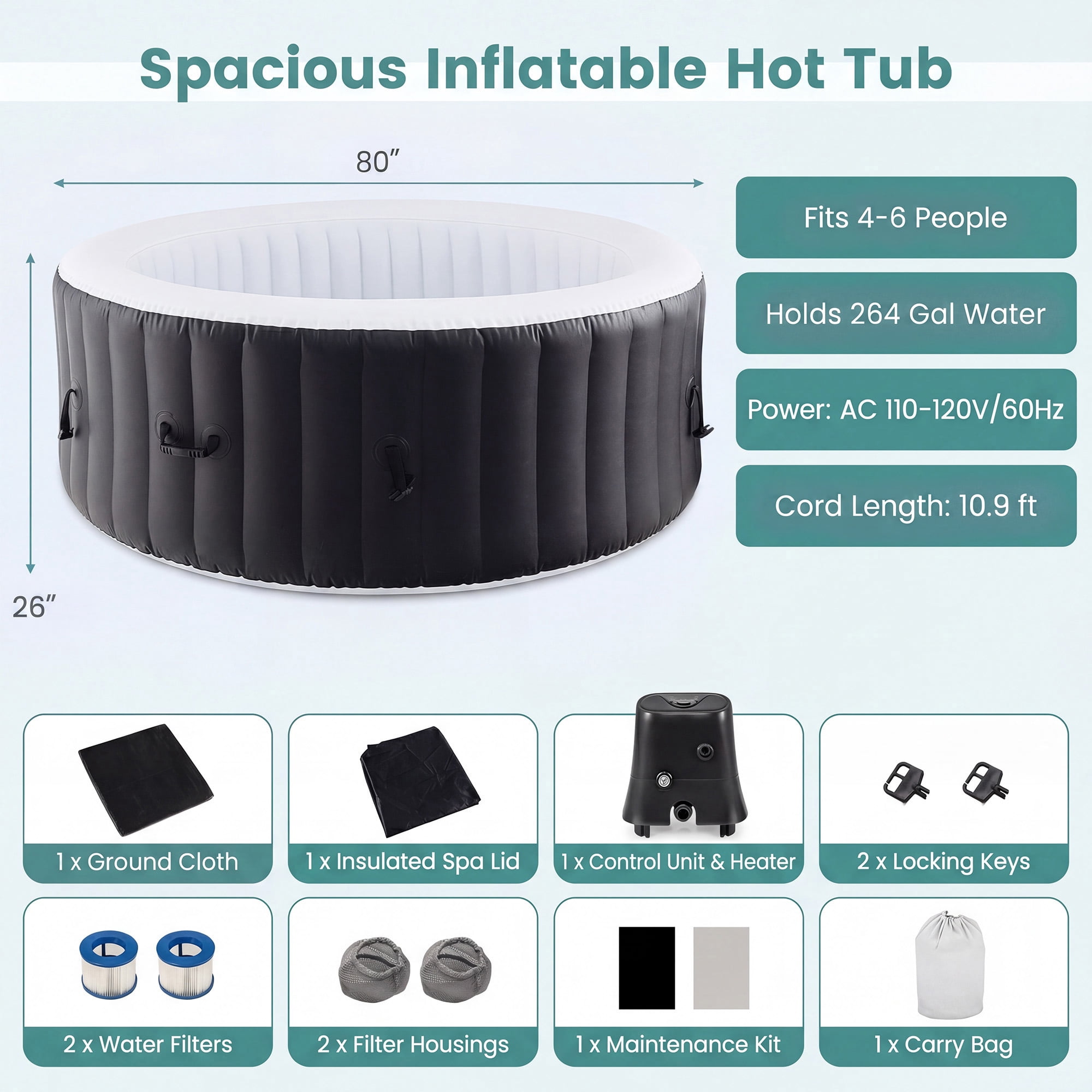 Costway 80" Round SPA Pool Inflatable Hot Tub with 130 Air Jets Electric Heater Pump