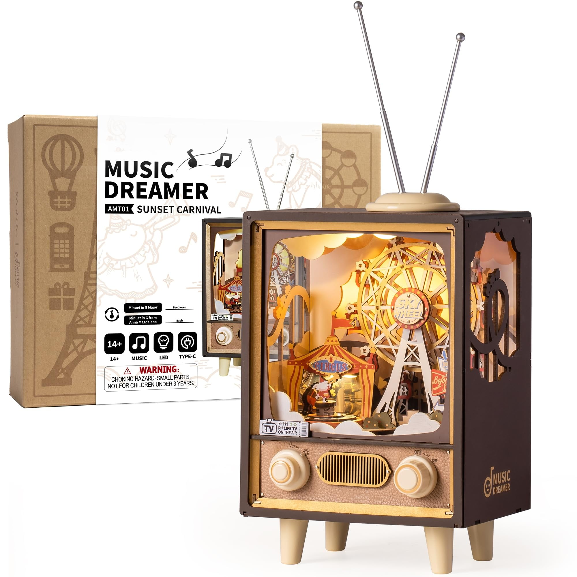 rolife, DIY Music Box, Sunset Carnival Model Kit, 3D Wooden Puzzle