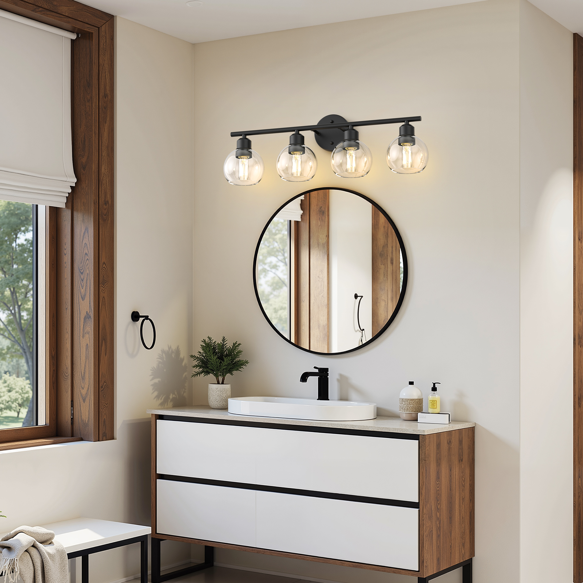 YANSUN 26.37 in 4-Light Bathroom Vanity Light Fixtures Over Mirror, Black Bathroom Light Fixtures with Clear Globe Glass Shades, for Bathroom, Powder Room, Vanity Table