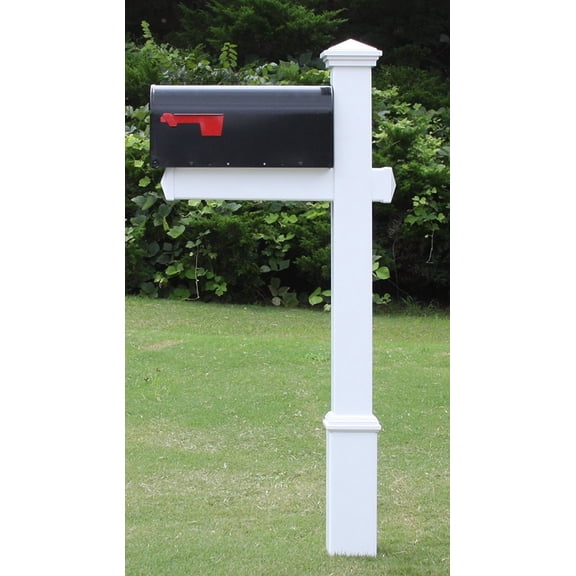 The Homestead Mailbox System with White Vinyl Post Combo, Stand, and Black Mailbox Included