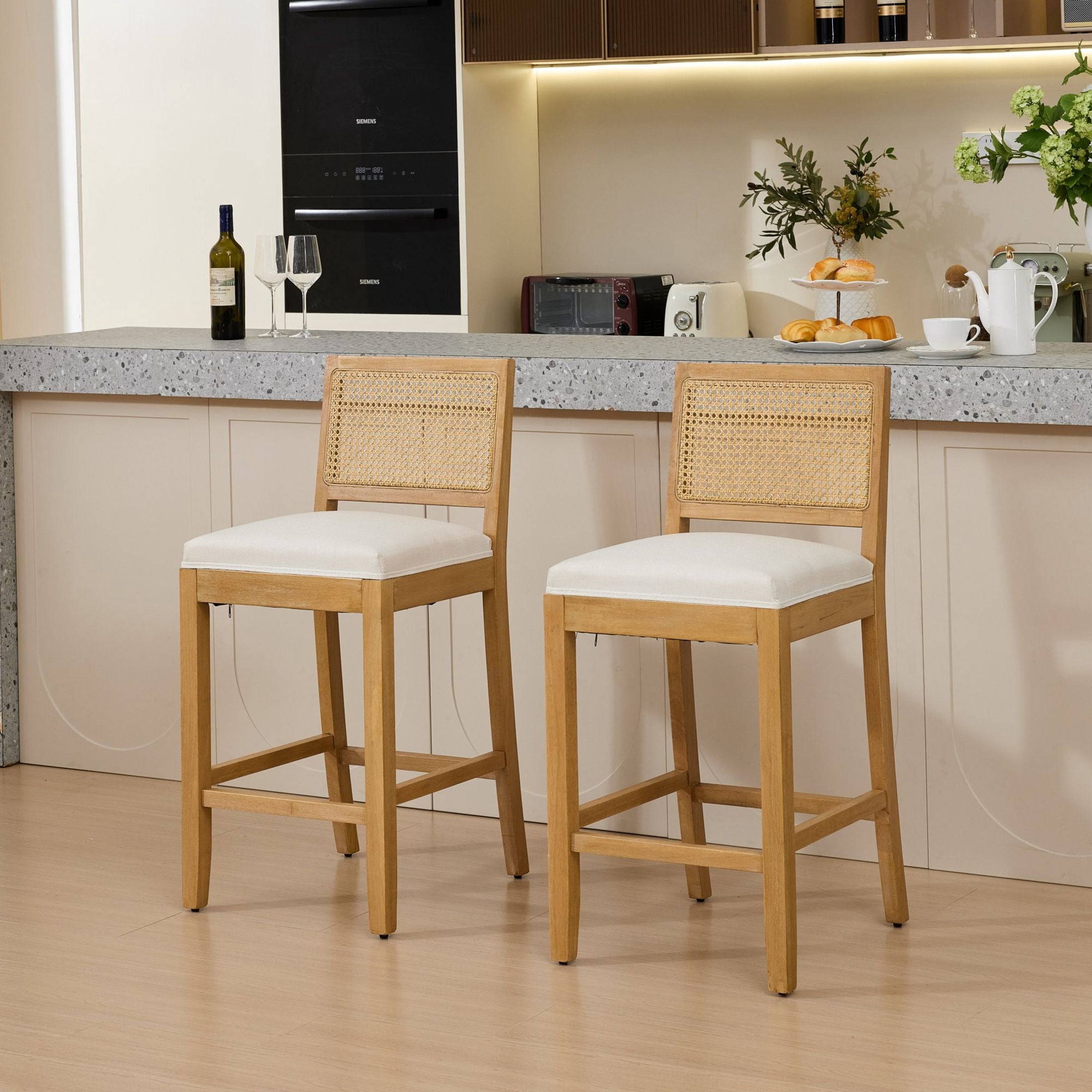 Noble House Set of 2 Rattan-Back Bar Stools, Linen Cushion, Solid Wood Frame, Beige