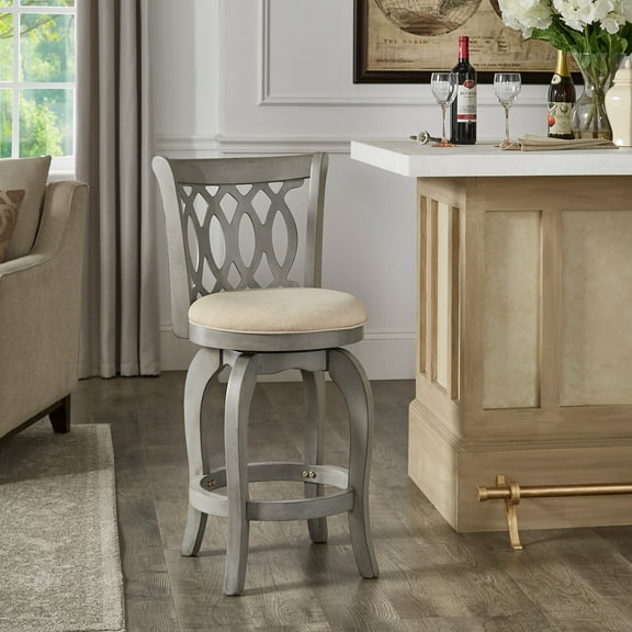 Weston Home Shapel Scroll Back Swivel Stool, 24" Counter Height, Antique Grey Finish, Grey Linen