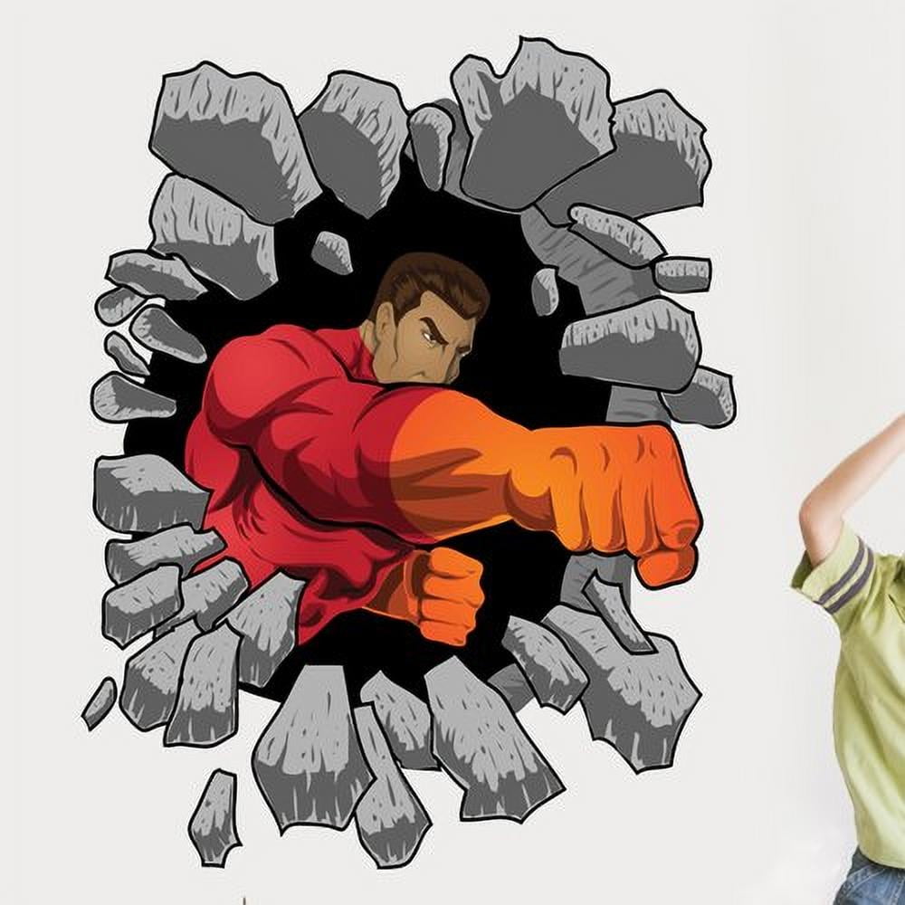 Hero Punching Through Wall Decal in Red and Gray