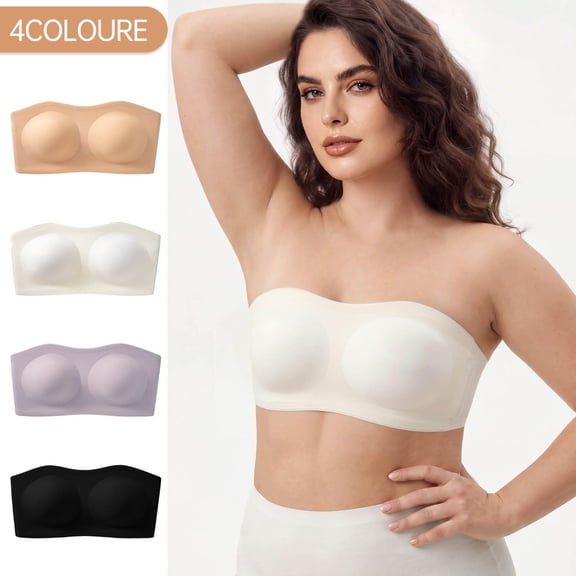 Byworldtasic Plus Size Strapless Bras for Women Wireless Padded Bandeau Bra Jelly Seamless Non-Slip Invisible Bralette
