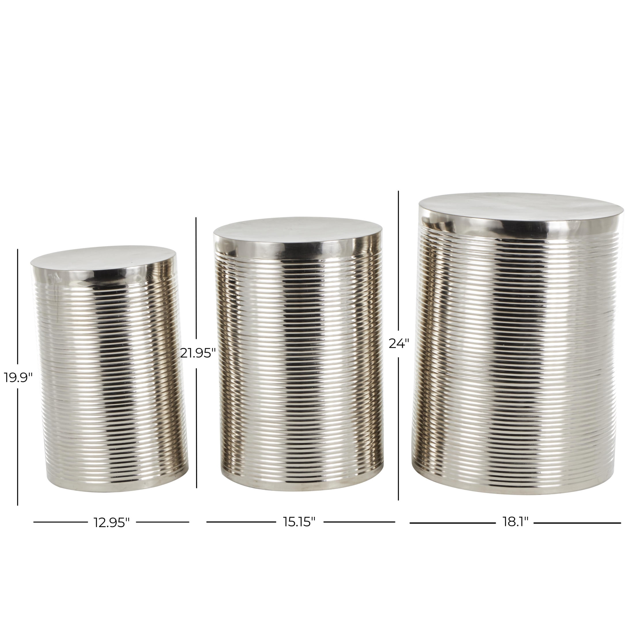 DecMode 18" x 24" Silver Metal Ribbed Drum Accent Table, 3-Pieces