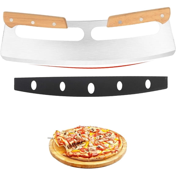 Pizza Cutter Rocker,Pizza Slicer,14 Inches Pizza Knife with Wooden Handles and Plastic Cover,Pizza Accessories,Versatile Rocker Knife for Pizza Crust, Fruits, and Veggies,Stainless Steel