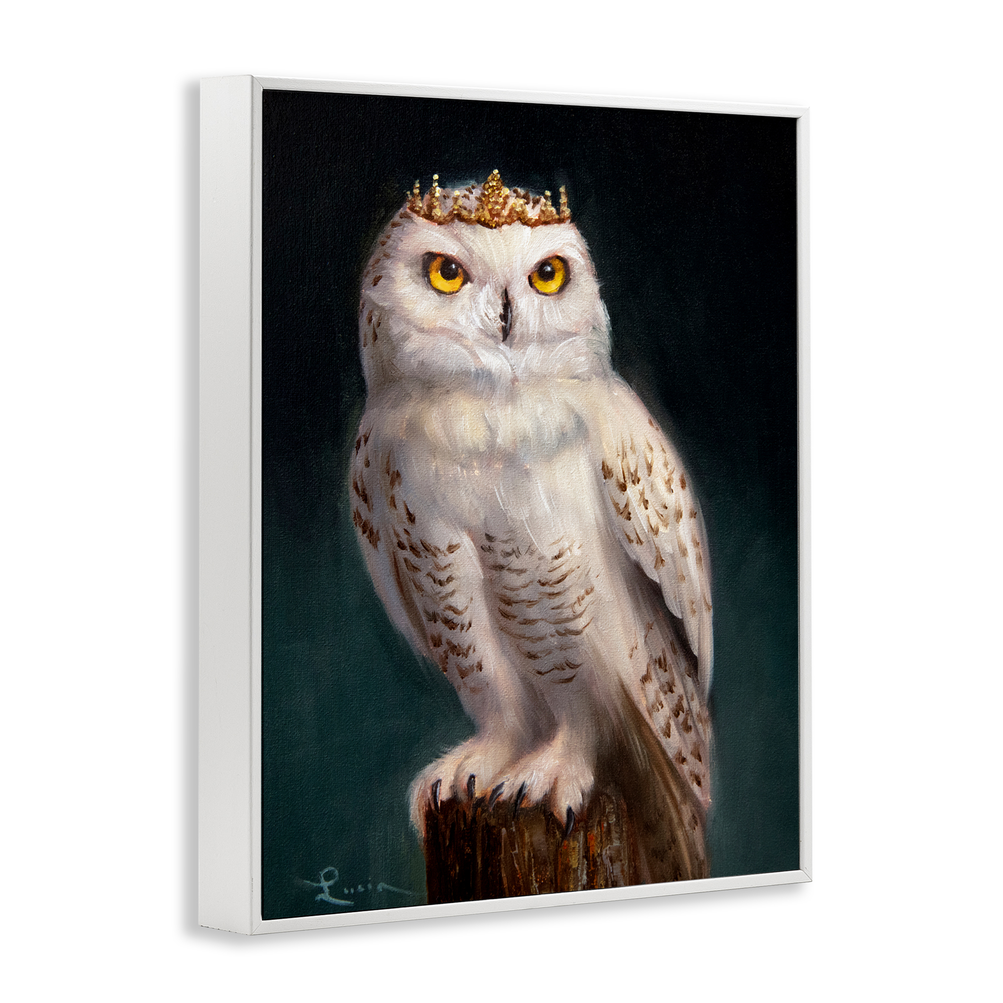 Snowy Owl King White Framed Giclee Art, design by Lucia Heffernan