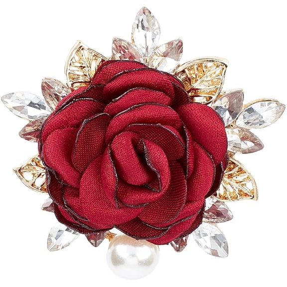 Fabric Red Rose Brooch Pin with Rhinestone Floral Flower Decorative Dress Brooch for Women and Men Wedding Bridal Banquet Cocktail Dance Party Accessory Jewelry Valentine’s Day Gift for DIY