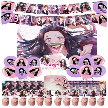 Nezuko cartoon theme birthday party decorations set, party supplies set includes banners, printed balloons, cake decorations