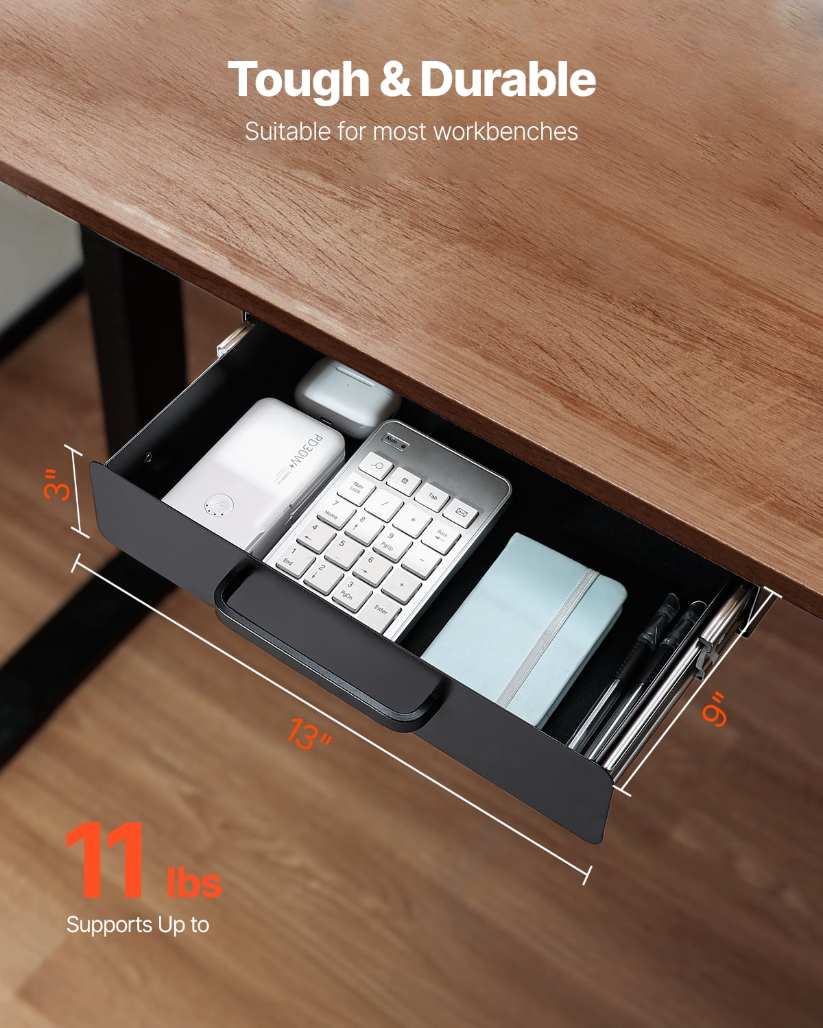 VEVOR 13" Wide Under Desk Drawer Slide Out, Under Desk Mount Pull Out Drawer Attachment, Hidden Desk top Storage Organizer, Under Table Pencil Drawer for Office Home Sit Stand Workstation,15x9x3 In