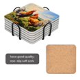 thumbnail image 2 of BaHomeck Drink Coasters Set Of 6 With Holder Chickens Standing On The Grassland With Blue Sky Water Absorbent Ceramic Coasters Tabletop Protection,Suitable For Various Cup,Home Decor, 2 of 4