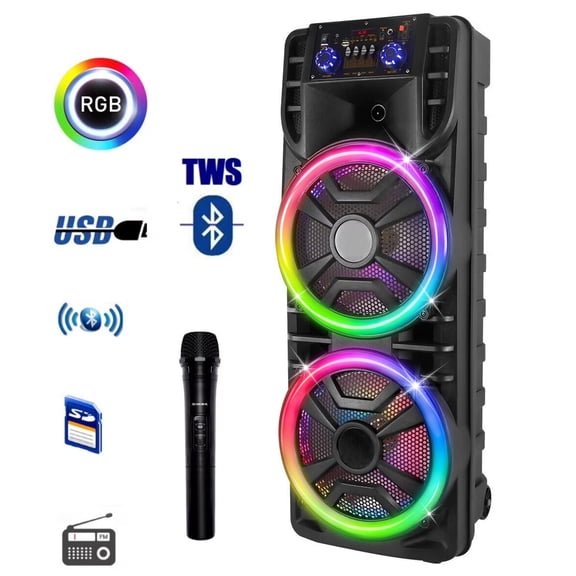 Curuk Wireless Speaker With Wireless Mic, 2800W Portable Bluetooth Speaker Dual 12” Subwoofer Heavy Bass Party DJ PA Sound System FM Mic LED Light