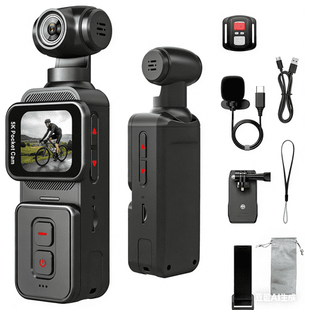5K Pocket Vlogging Camera Body Camera with Microphone 5K/20FPS and 4K/60FPS 1.69 Touchscreen 270&deg; Rotating Lens Face Tracking Wi-Fi 6-Axis Stabilization for YouTube Travel Work (128GB)