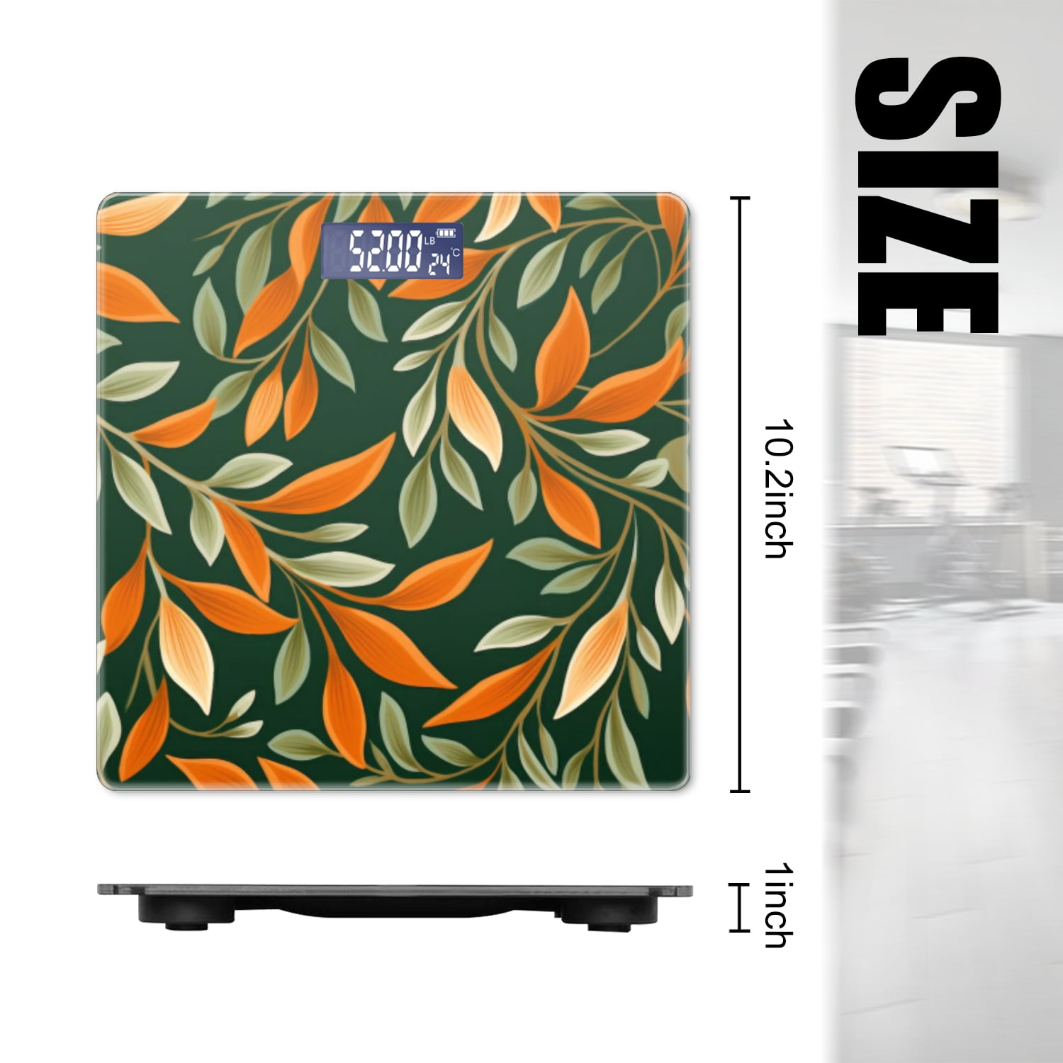 High Precision Body Weight Scale Smart Bathroom Scales with Large LCD Display(400lbs),Decorative for Bedroom-Pattern Of Green And Orange Leaves On Dark Green Background