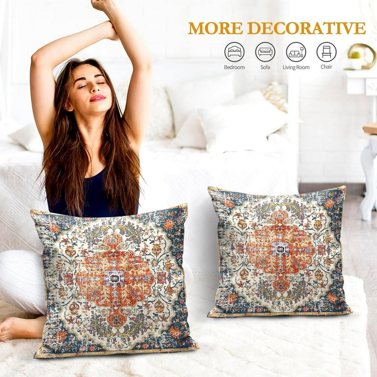 Boho Pillow Covers 18x18 Inch Set of 2 Blue Orange Throw Pillows Vintage Ethnic Bohemian Coral Floral Print Decorative Pillowcase Farmhouse Linen Cushion Cover for Home Sofa Bedroom Walmart