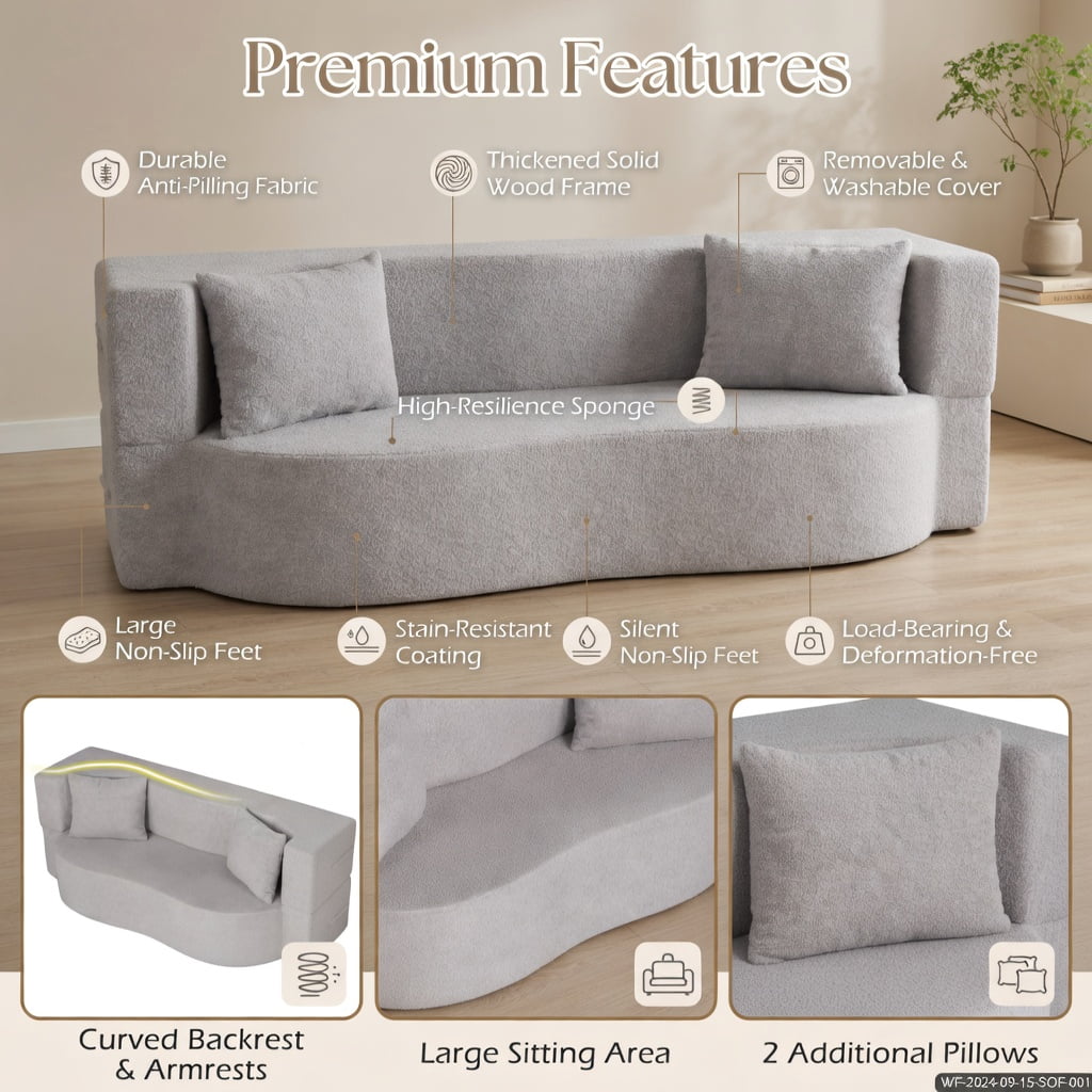 Hommoo 75.5" 2-in-1 Folding Sofa Bed, Teddy Fleece Convertible Floor Loveseat with Removable Washable Cover, Ergonomic Curved Back, 2 Plush Pillows, Gray