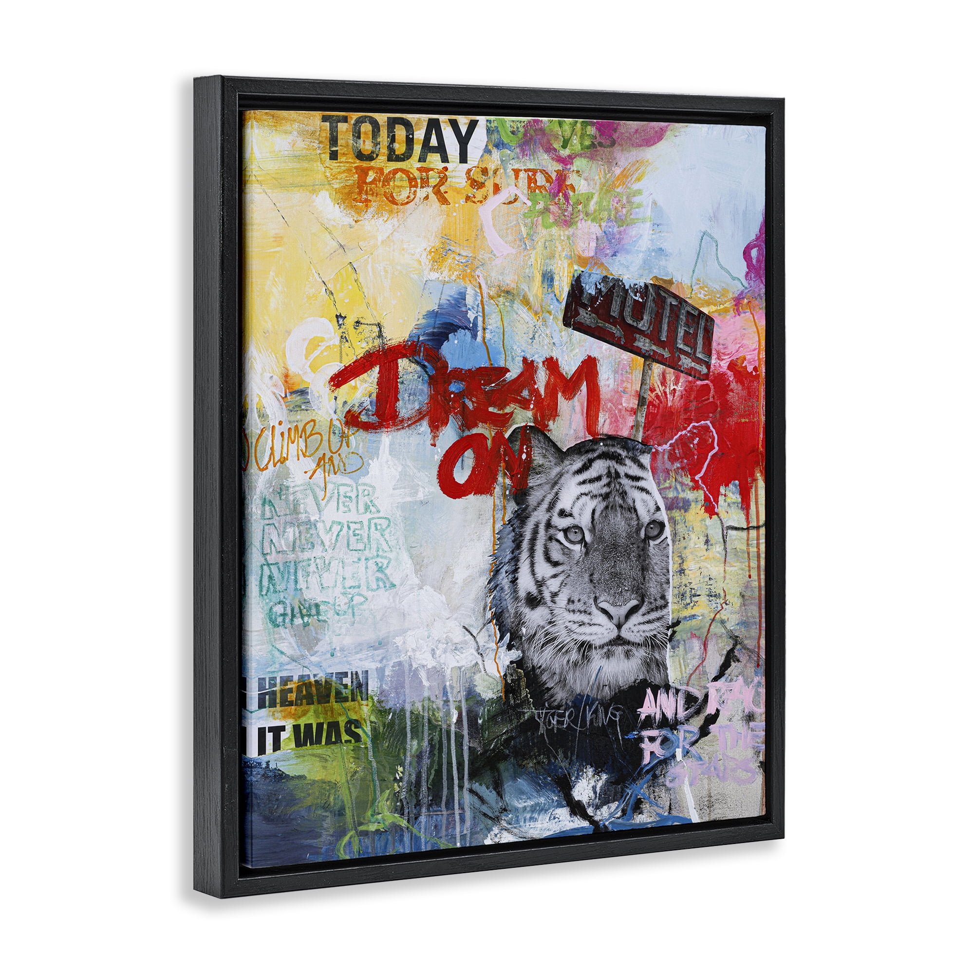 Stupell Industries Inspiring Graffiti & Tiger Abstract Painting Black Floater Framed Canvas Art Print Wall Art, 25 x 31