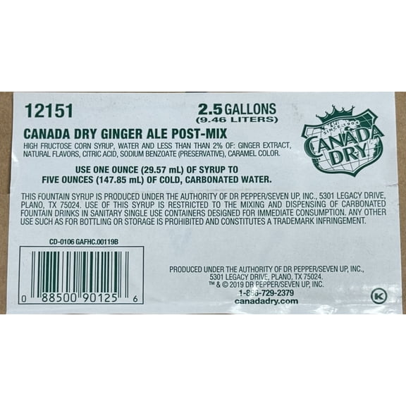 CANADA DRY GINGER ALE POST MIX (2.5 GALLPNS BiB)