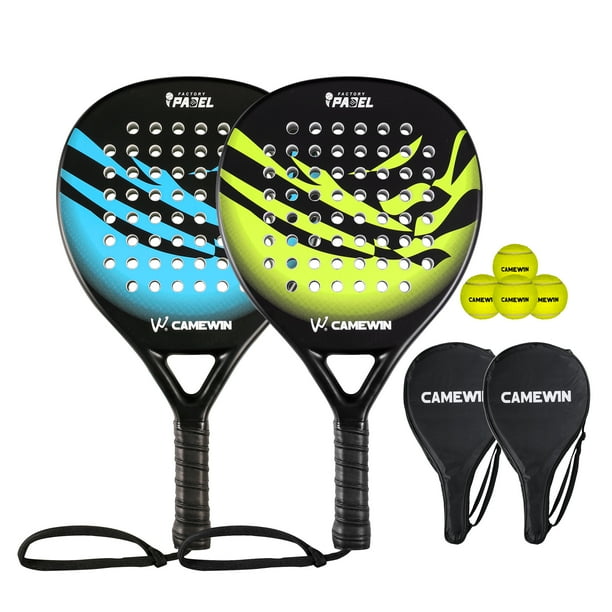 CAMEWIN 2 Palas de Pádel con Fundas, 2 Raquetas y 4 Pelotas,Kit de Raquetas para Pádel Fabricadas 100% Fibra de Carbono y Núcleo de Espuma Flexible de Memoria EVA, para Principiantes e Intermedios