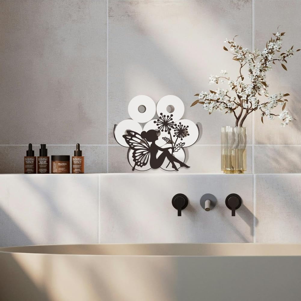 Funny Fairy Metal Toilet Paper Holder Black Fairy Dandelion Decorative Metal Toilet Paper Storage for Extra 8 Rolls Funny Freestanding Elf