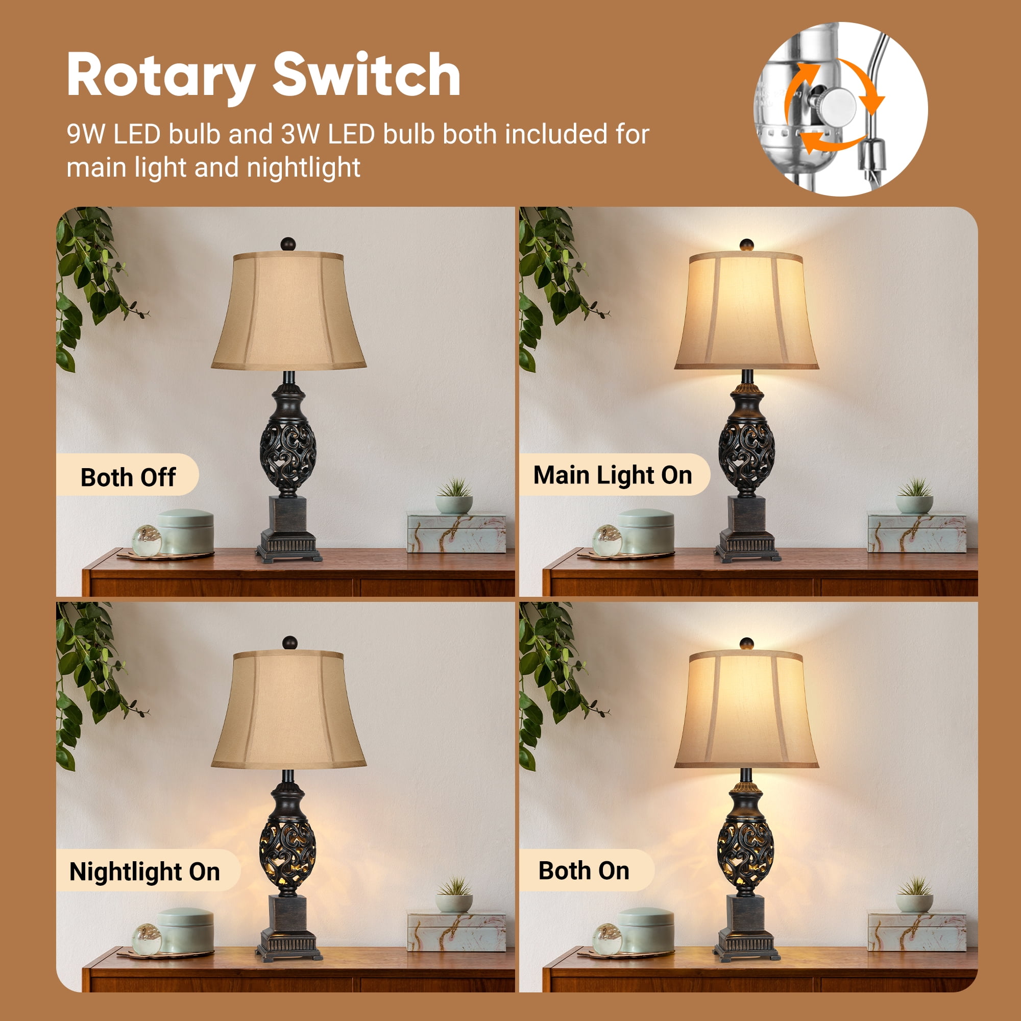 28" Bronze Nightstand Lamps with Faux Silk Shades，Vintage Living Room Bedroom End Table Lamps
