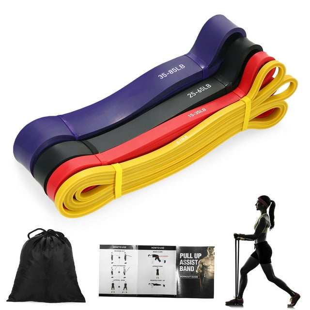 4pcs pull up assist bandas conjunto bandas de bucle de resistencia levantamiento de pesas ejercicio abanopi banda de ejercicio cuatro bandas en bucle apiladas (amarillo 8–15 lb, rojo 15–35 lb, negro 25–65 lb, morado 35–85 lb) que muestran el grosor progresivo y la superficie lisa de látex natural; incluye bolsa de transporte negra y manual; imagen sobre fondo blanco con figura pequeña demostrando uso para ejercicios de resistencia.