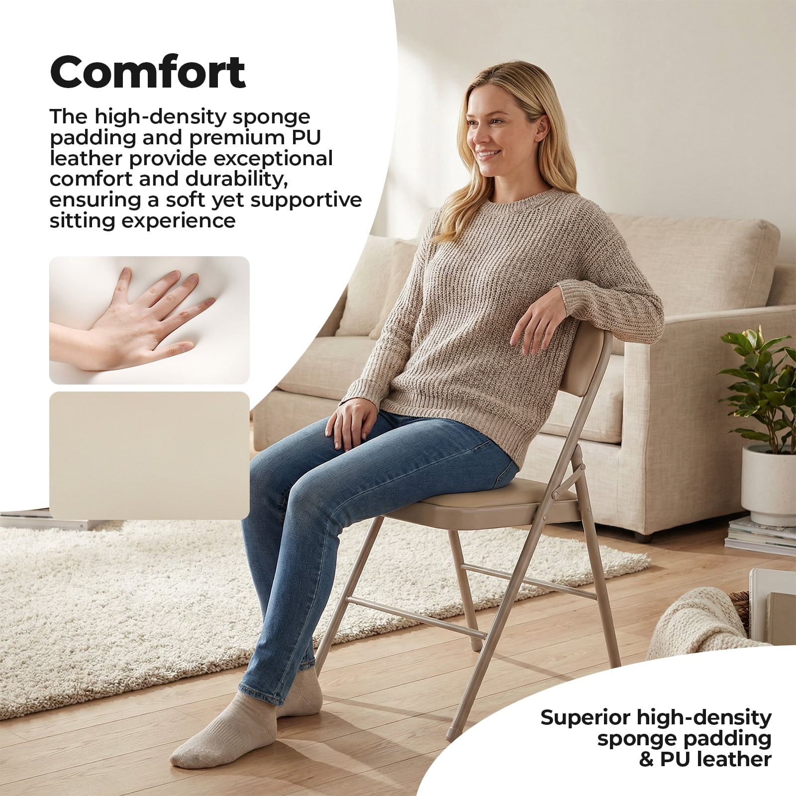 Alvantor Folding Chairs 2-Pack/4-Pack, Padded PU Leather Seat, Heavy Duty,Black/Khaki