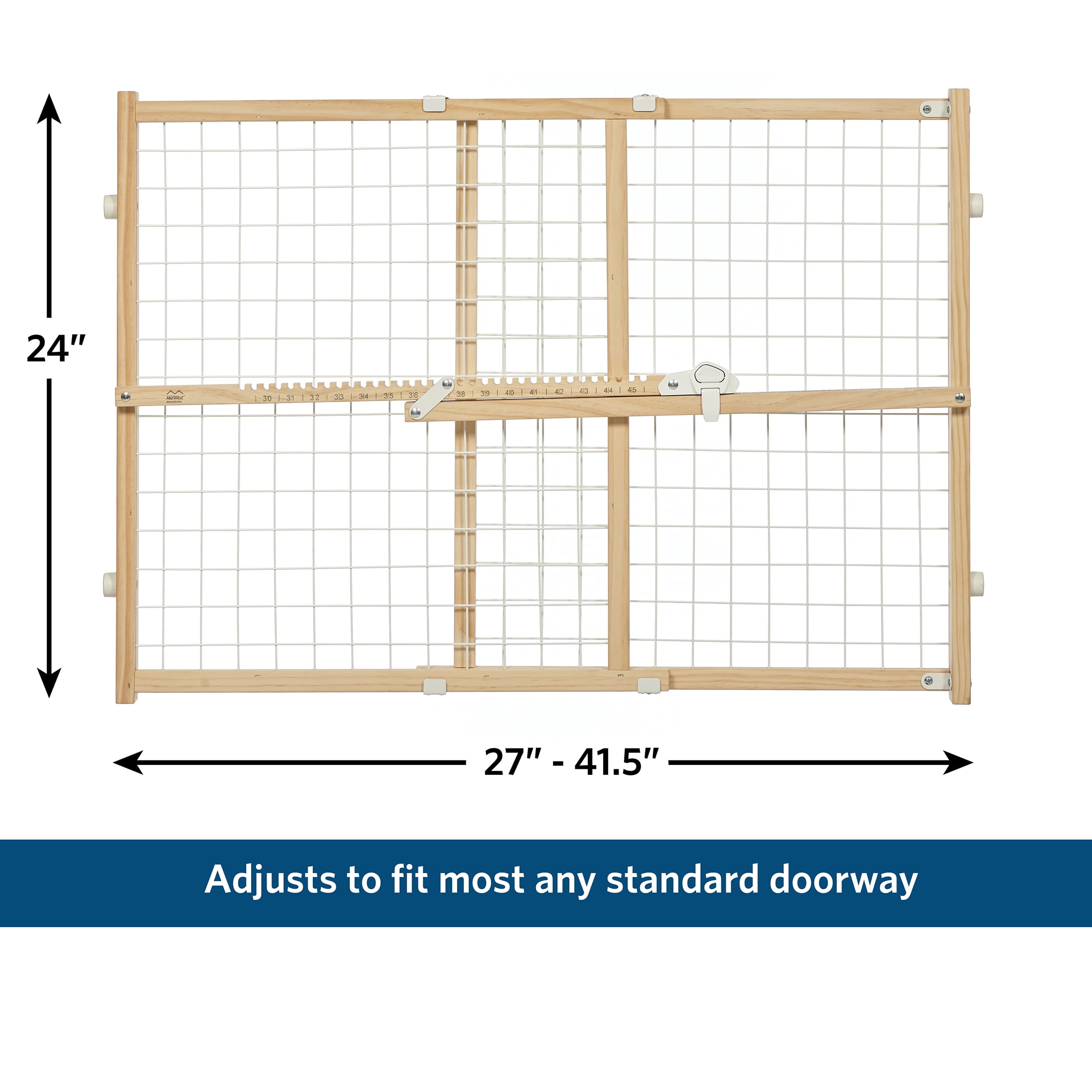 MidWest Homes for Pets Wire Mesh Pet Safety Gate, Pressure Mounted Dog Gate Measures 24 Inches Tall & Expands to 29-50 Inches Wide, Natural Wood & White Powder Coated Wire Mesh