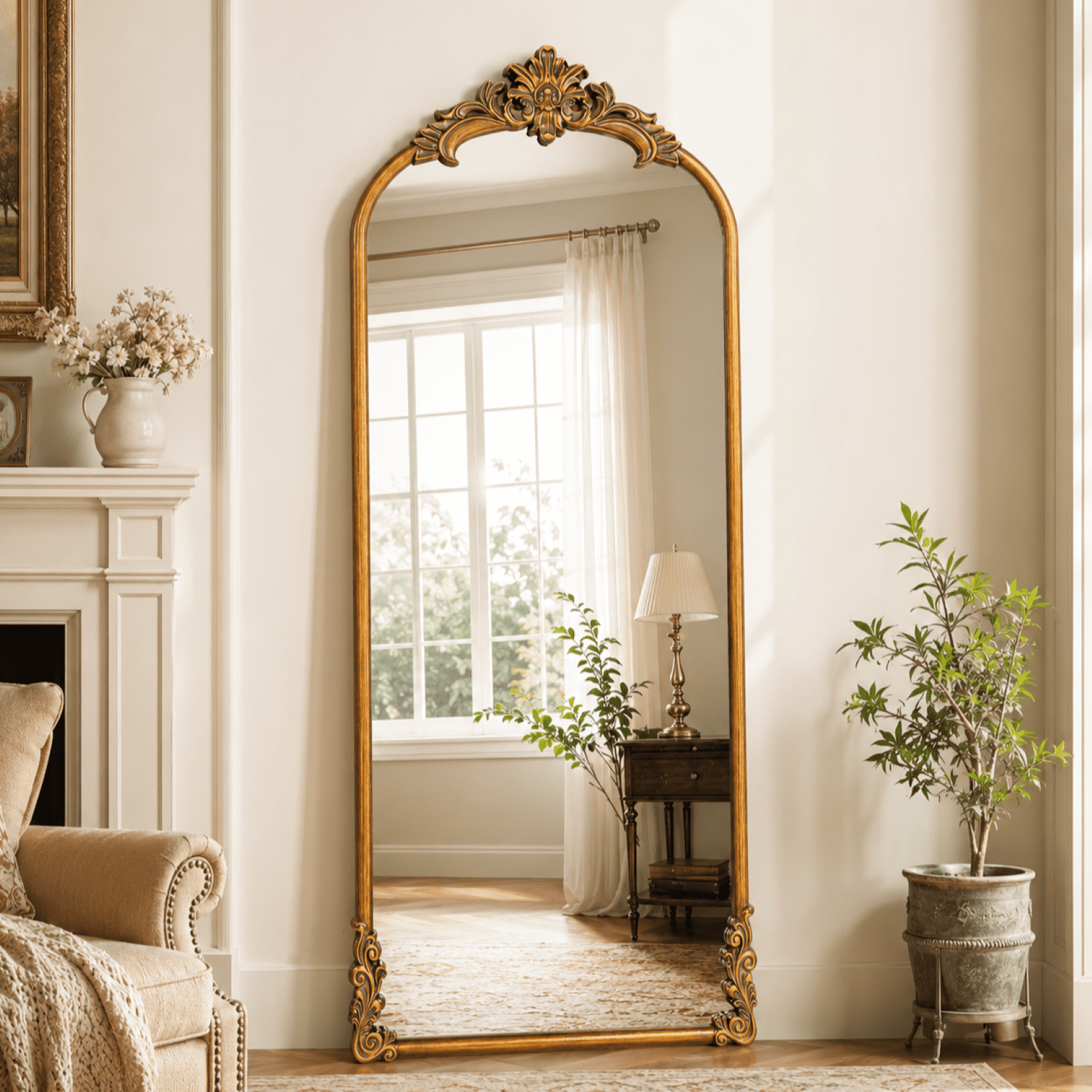 EVARNIO 69"x28" Vintage Full Length Mirror Arched Floor Mirror Baroque Style Wall Mounted Mirror Ornate Decor Mirror with Stand, Antique Bronze