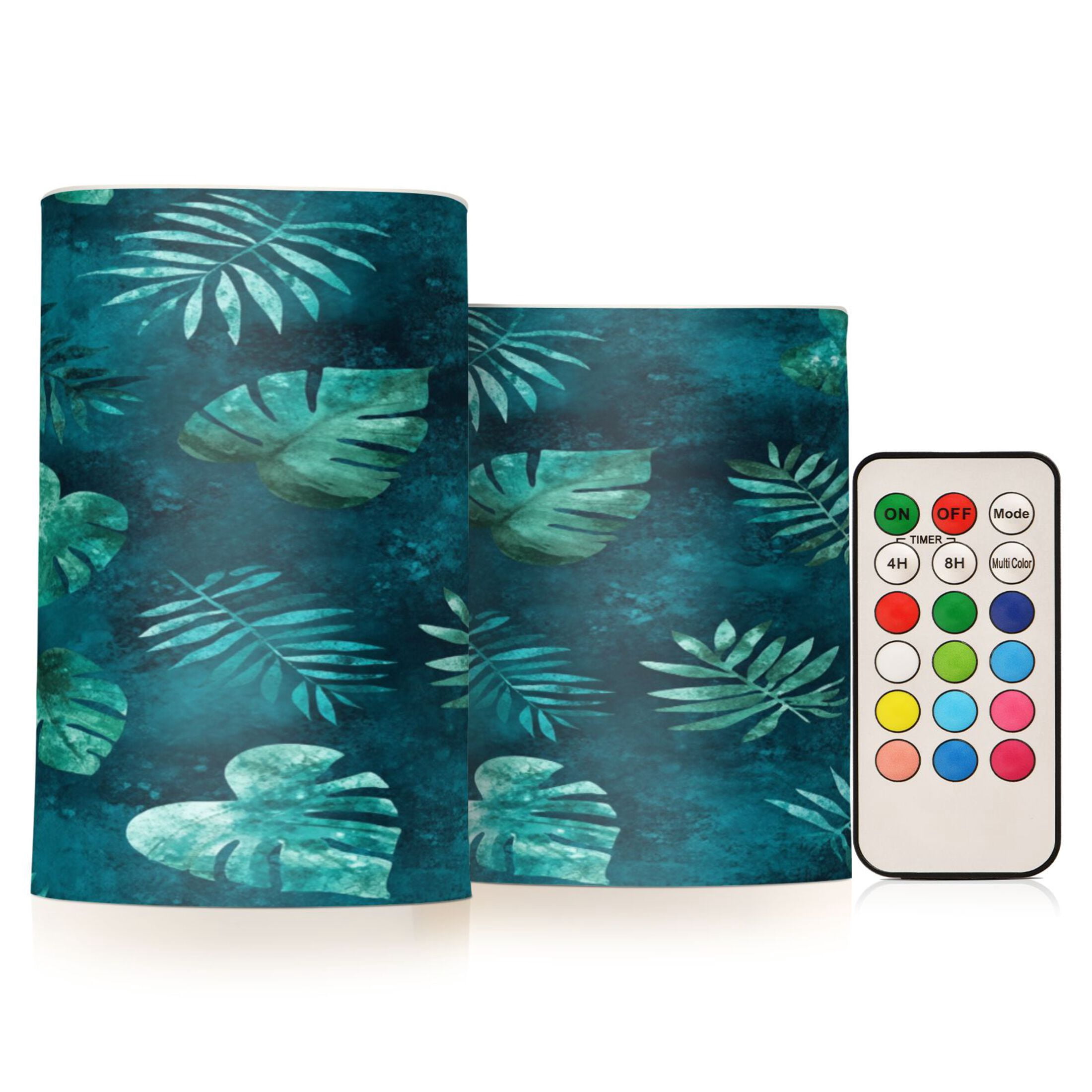 Teal Tropical Leaf Pattern Set of 2 Flameless LED Candles Remote and Timer Indoor Outdoor