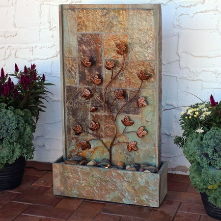 Natural Slate Water Wall - Sunnydaze Floor Water Fountain with Climbing Vines and Halogen Light, Natural Slate, 32-Inch