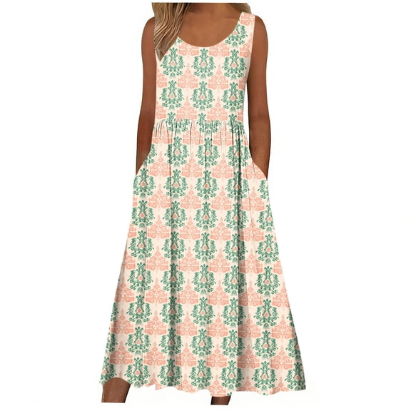Gamivast Dresses for Women Sleeveless Scoop Neck Empire Waist A-Line Midi Dress Boho Floral Print with Pockets Flowy Comfy Casual Beach Summer Dresses