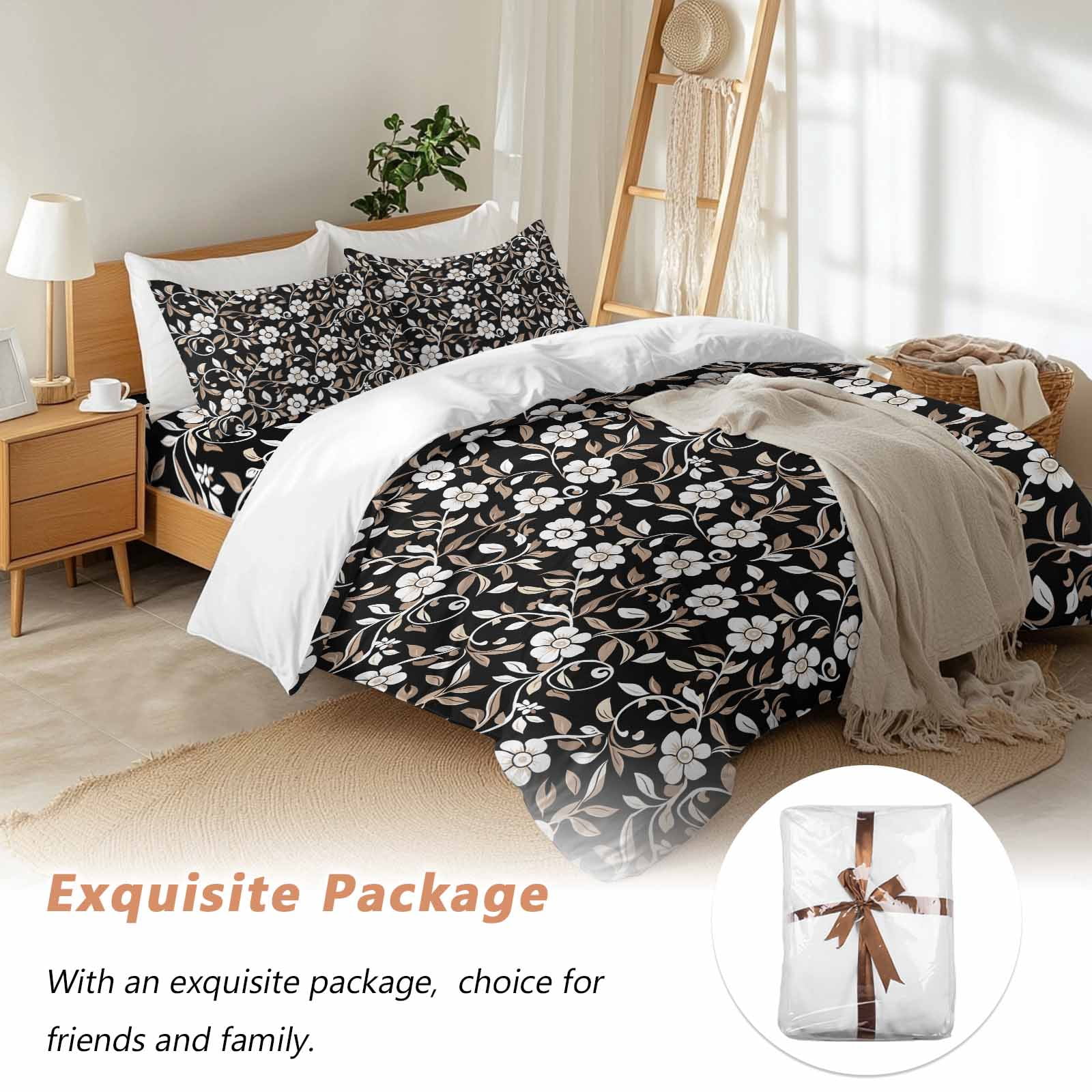 Black White Floral Duvet Cover Set, Farmhouse Vintage Botanical Leaves Soft Duvet Cover California King Bedding Set 4 Pieces, 1 Quiltcover and 2 Pillowcases with Zipper, 1 Bed Sheet for All Seasons